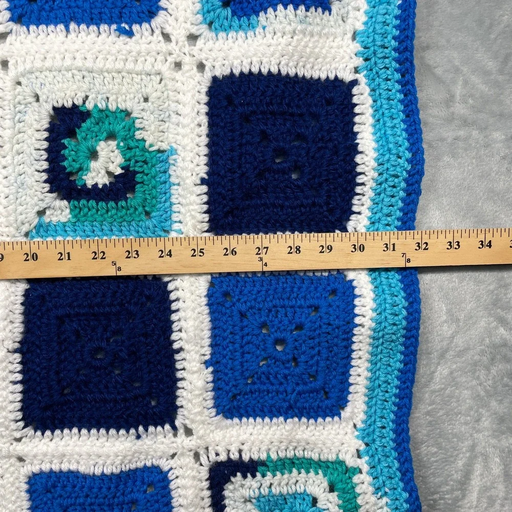 Handmade Granny Square Crochet Blanket Blue White Teal Throw Cozy 39 x 32